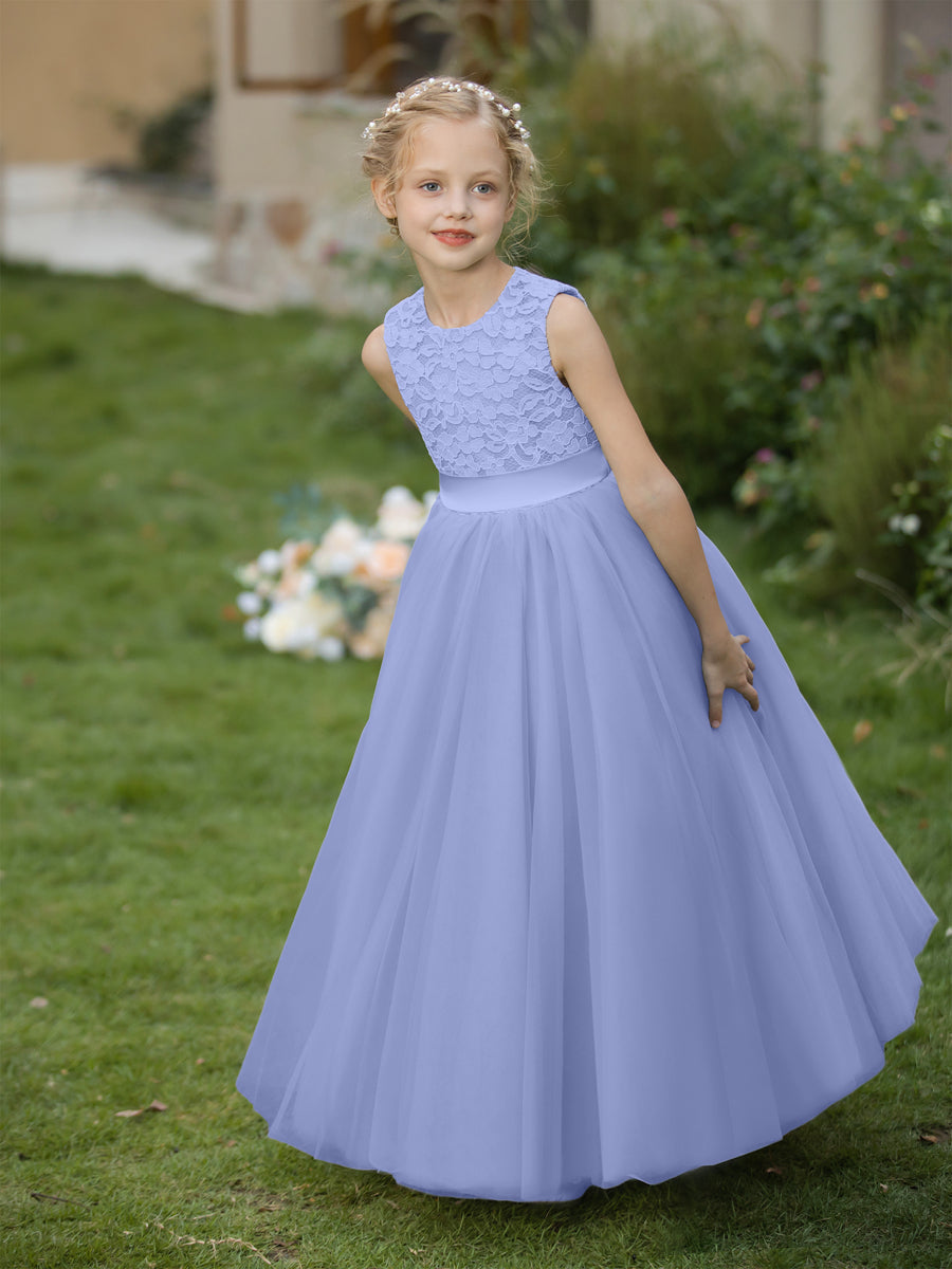 Vestidos de Flor de Tule com Gola Redonda e Apliques e Faixa