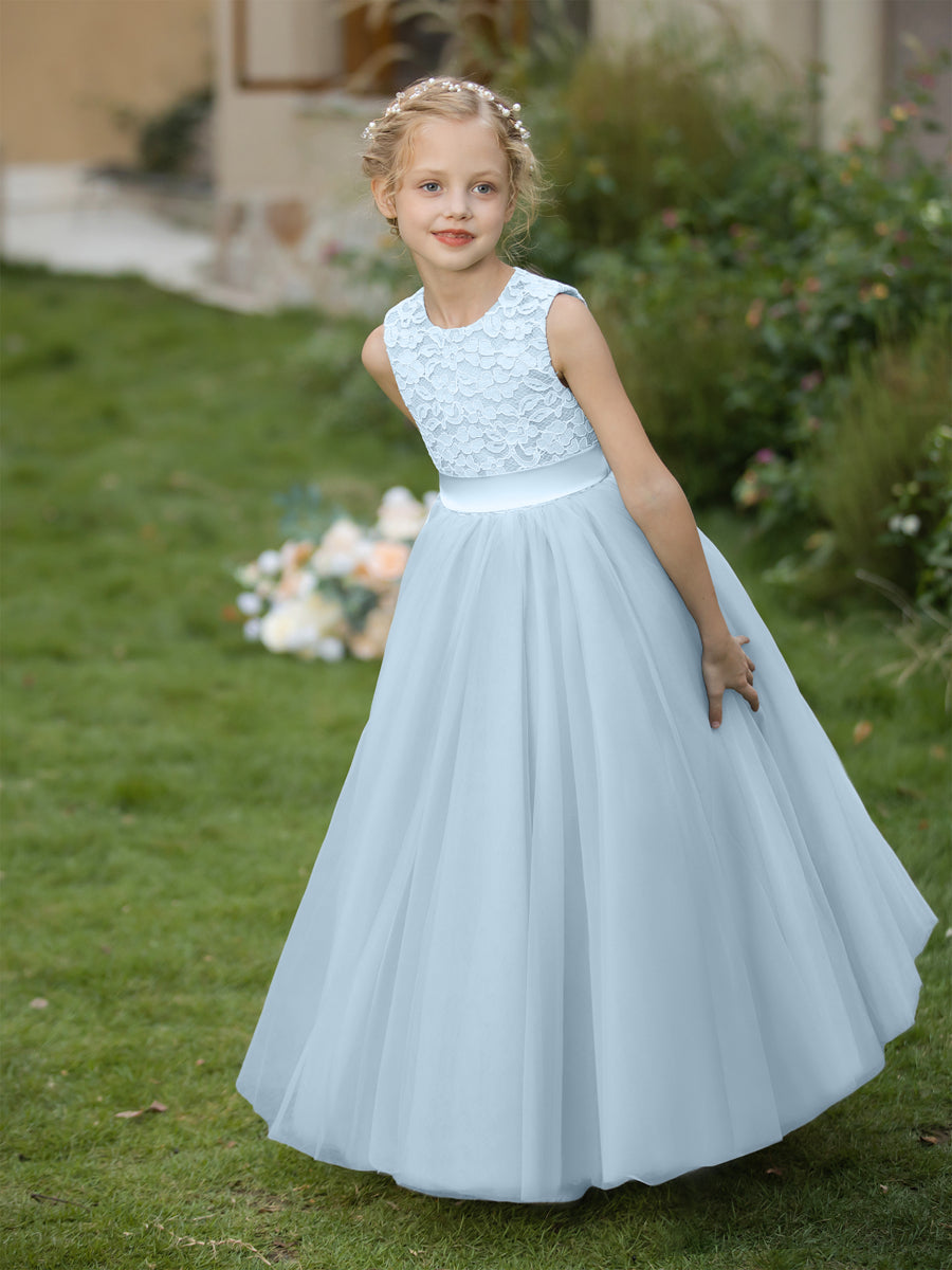 Vestidos de Flor de Tule com Gola Redonda e Apliques e Faixa