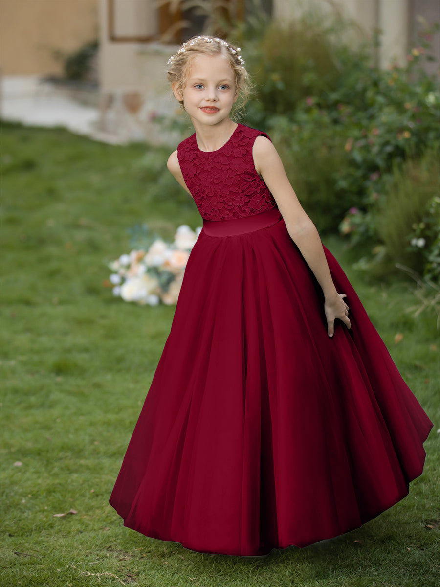 Vestidos de Flor de Tule com Gola Redonda e Apliques e Faixa