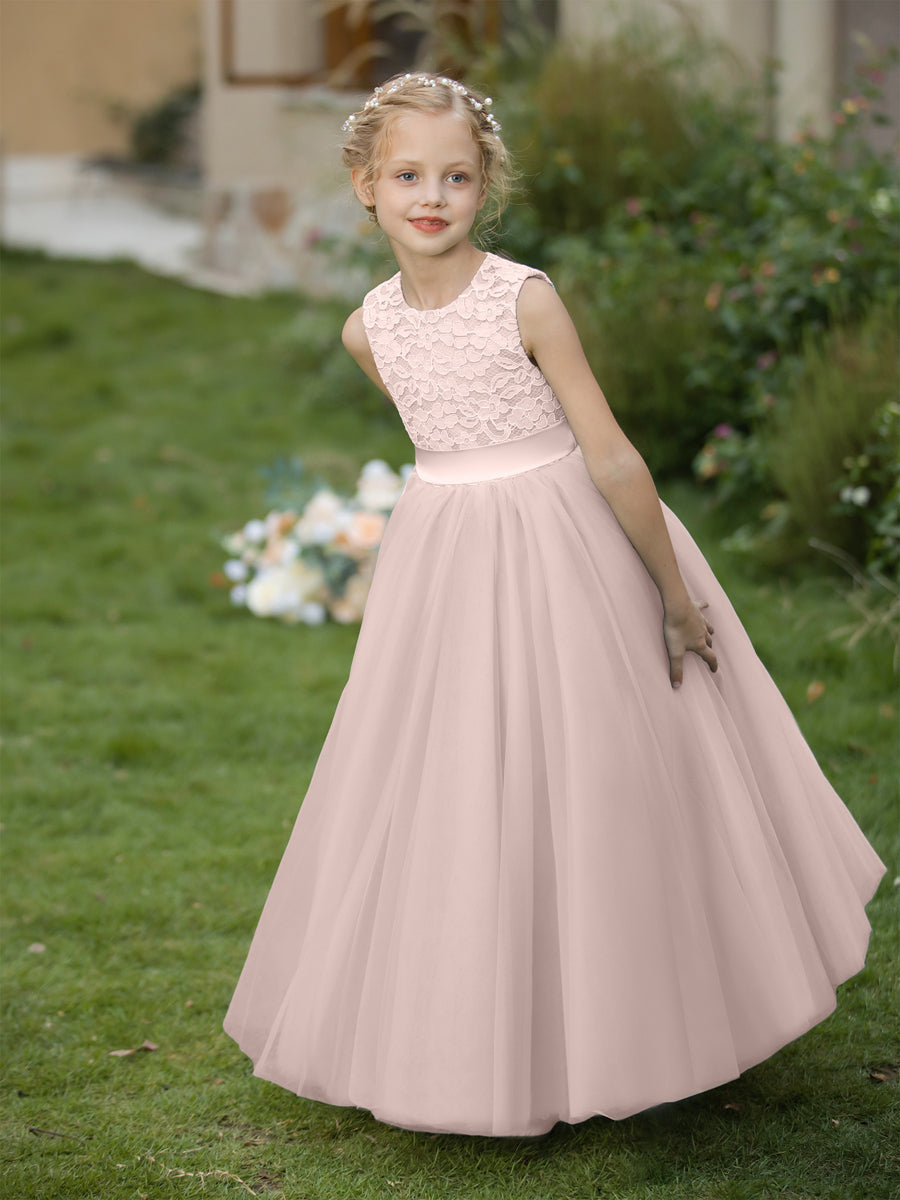 Vestidos de Flor de Tule com Gola Redonda e Apliques e Faixa