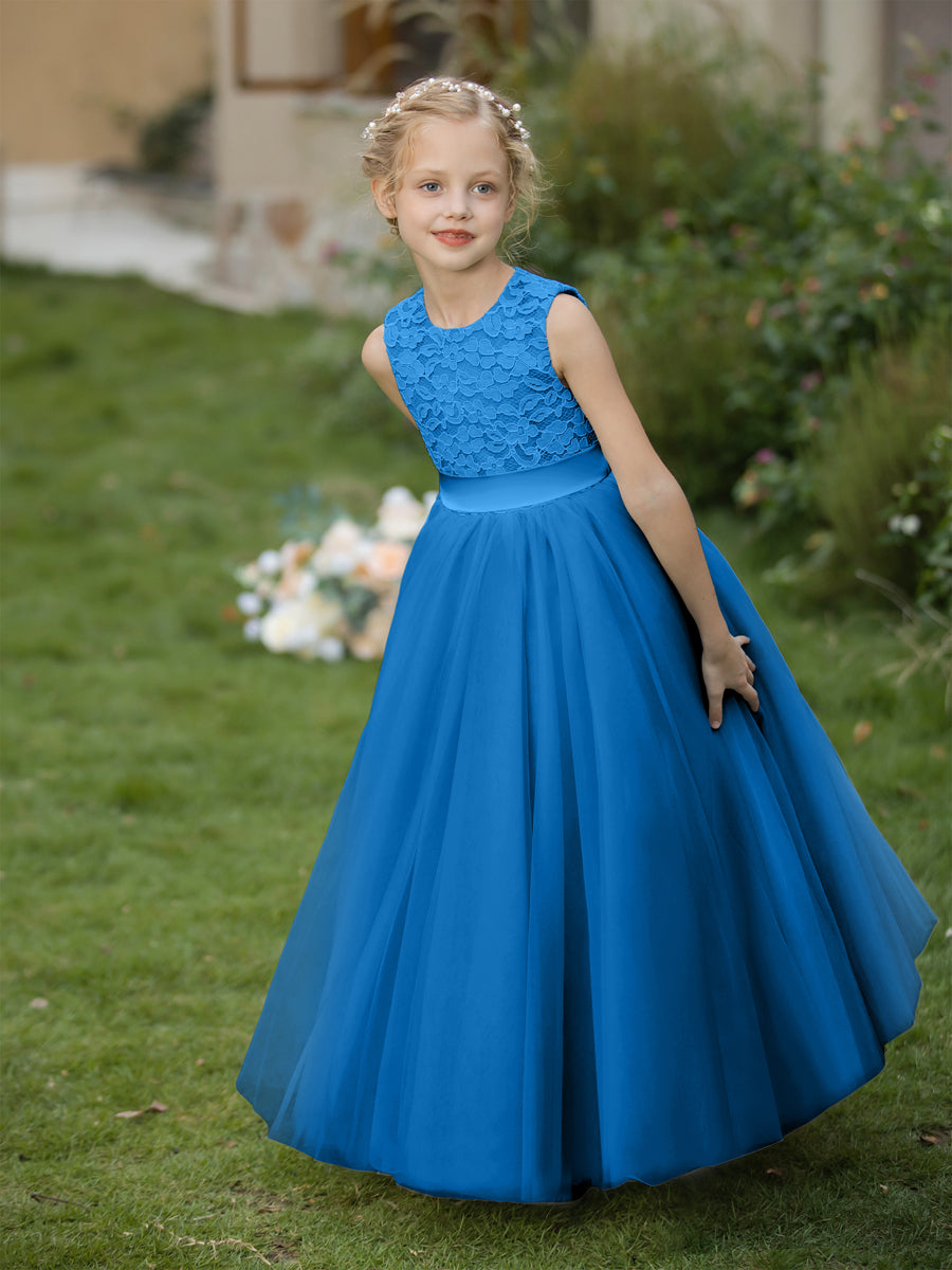 Vestidos de Flor de Tule com Gola Redonda e Apliques e Faixa
