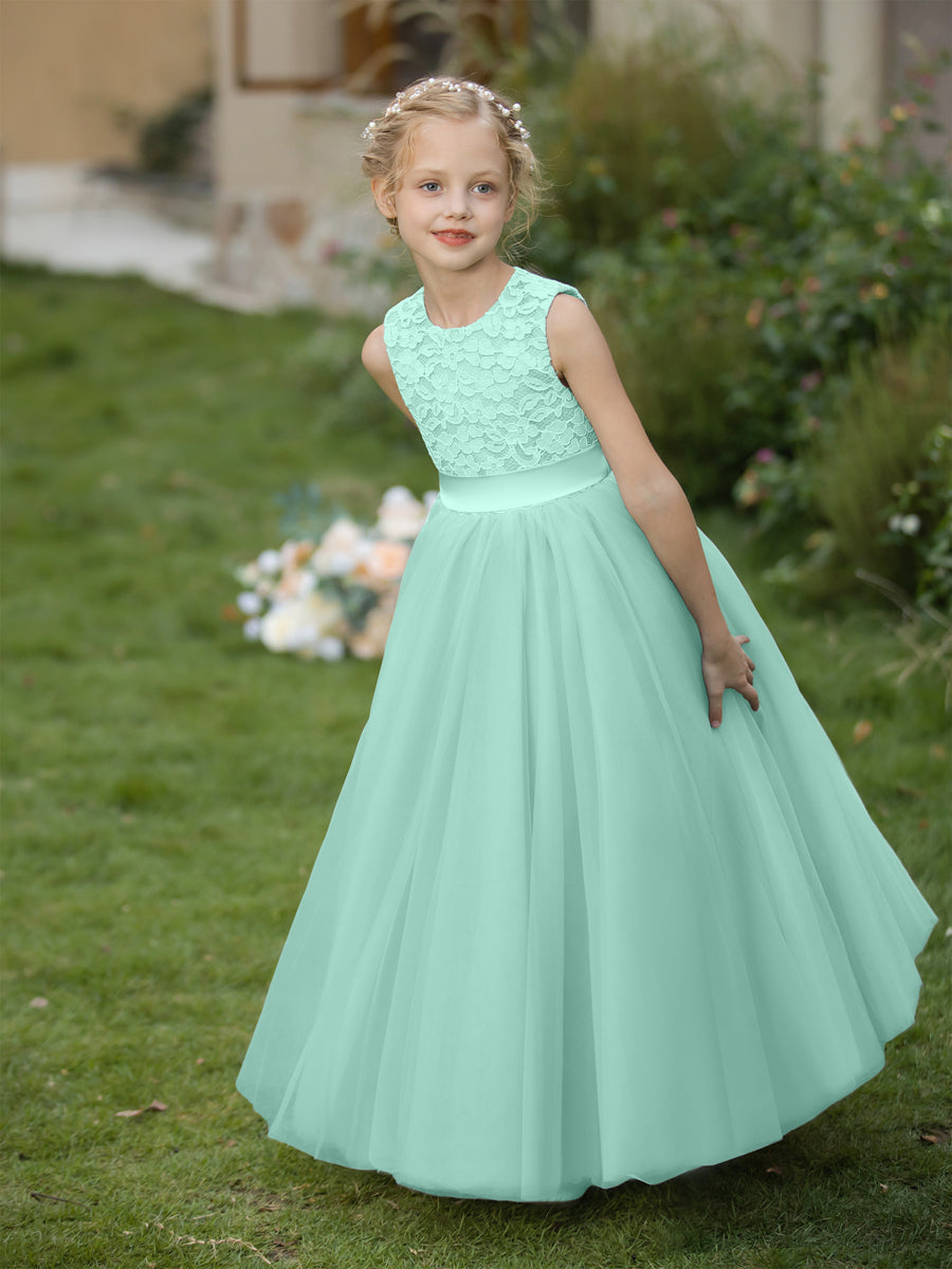 Vestidos de Flor de Tule com Gola Redonda e Apliques e Faixa