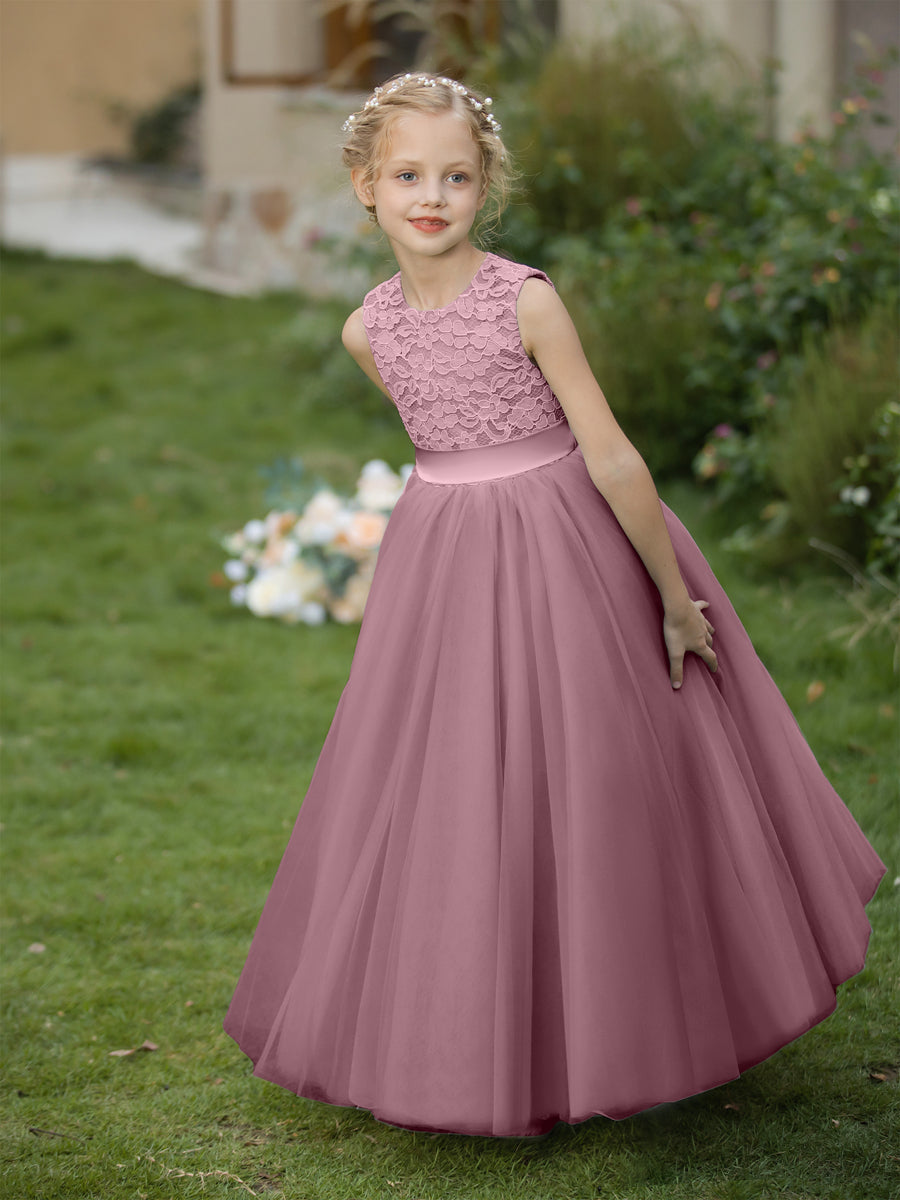 Vestidos de Flor de Tule com Gola Redonda e Apliques e Faixa