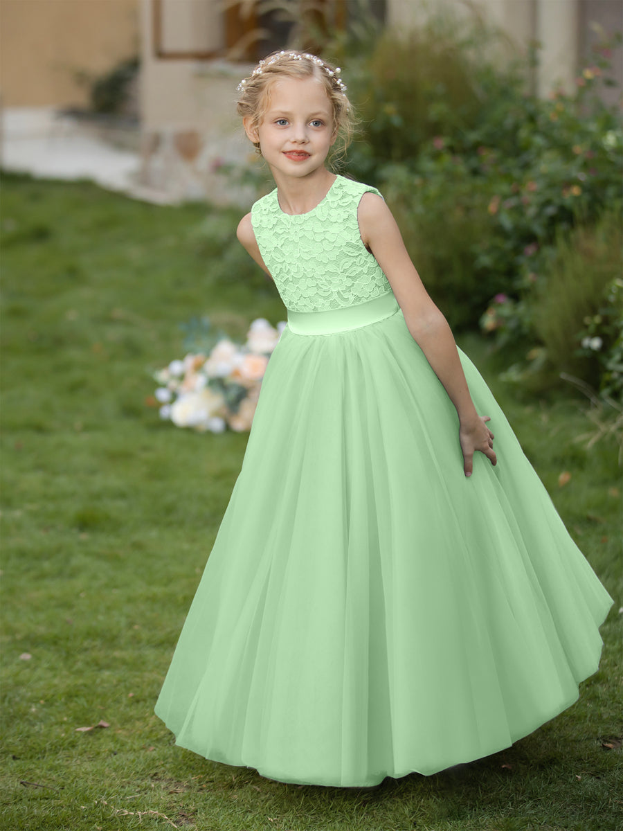 Vestidos de Flor de Tule com Gola Redonda e Apliques e Faixa