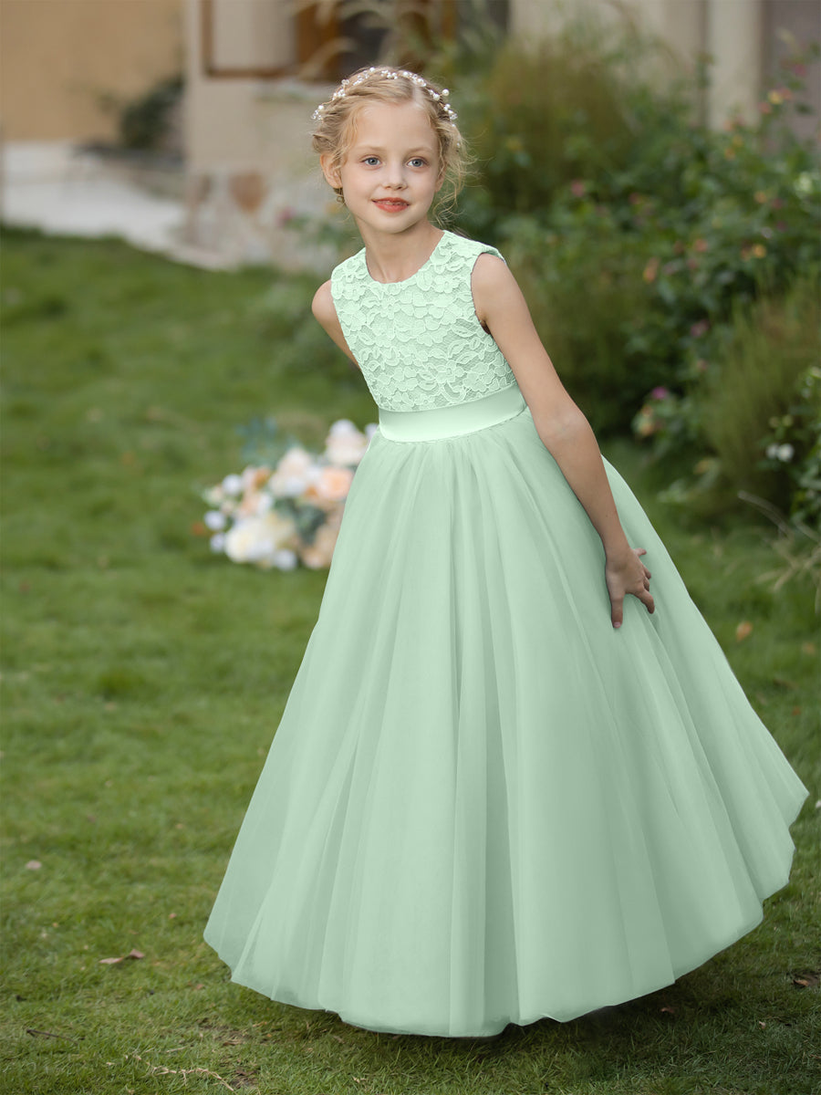 Vestidos de Flor de Tule com Gola Redonda e Apliques e Faixa