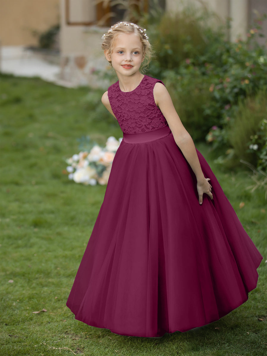 Vestidos de Flor de Tule com Gola Redonda e Apliques e Faixa