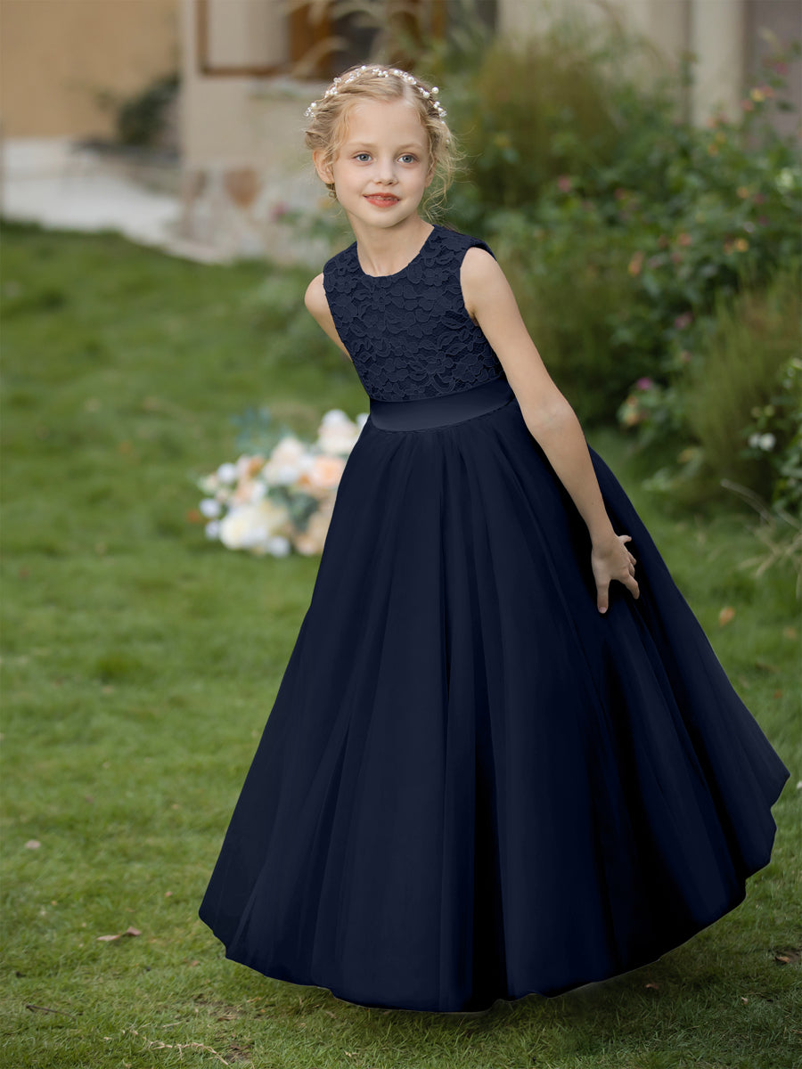 Vestidos de Flor de Tule com Gola Redonda e Apliques e Faixa