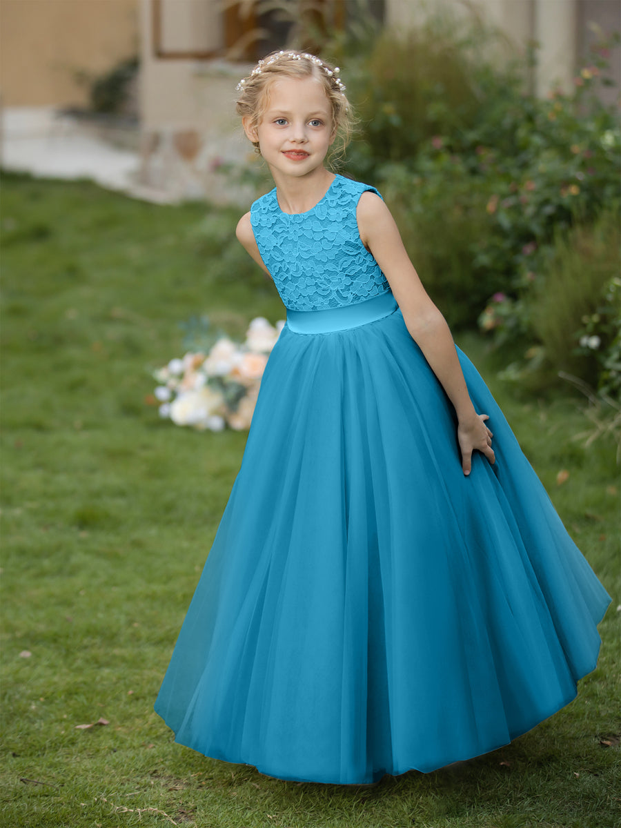Vestidos de Flor de Tule com Gola Redonda e Apliques e Faixa