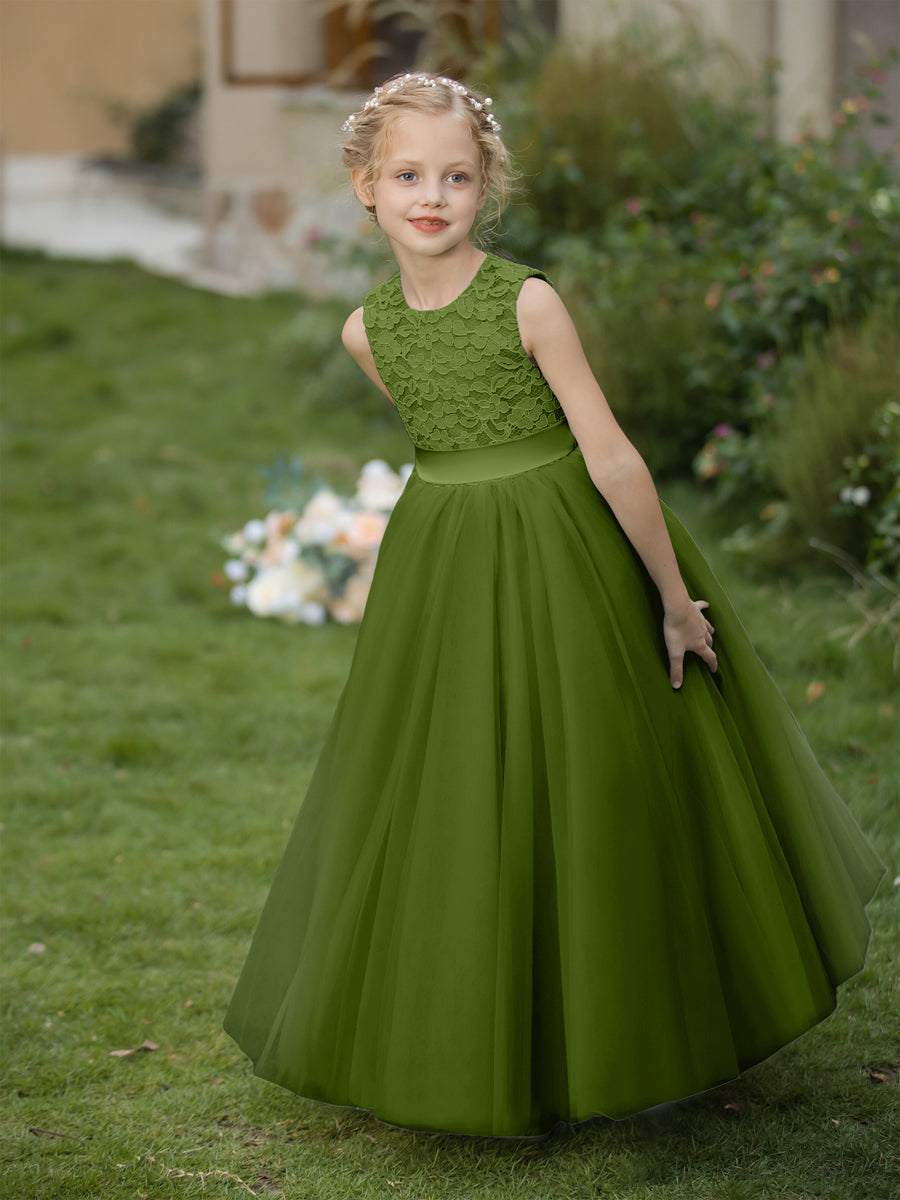 Vestidos de Flor de Tule com Gola Redonda e Apliques e Faixa