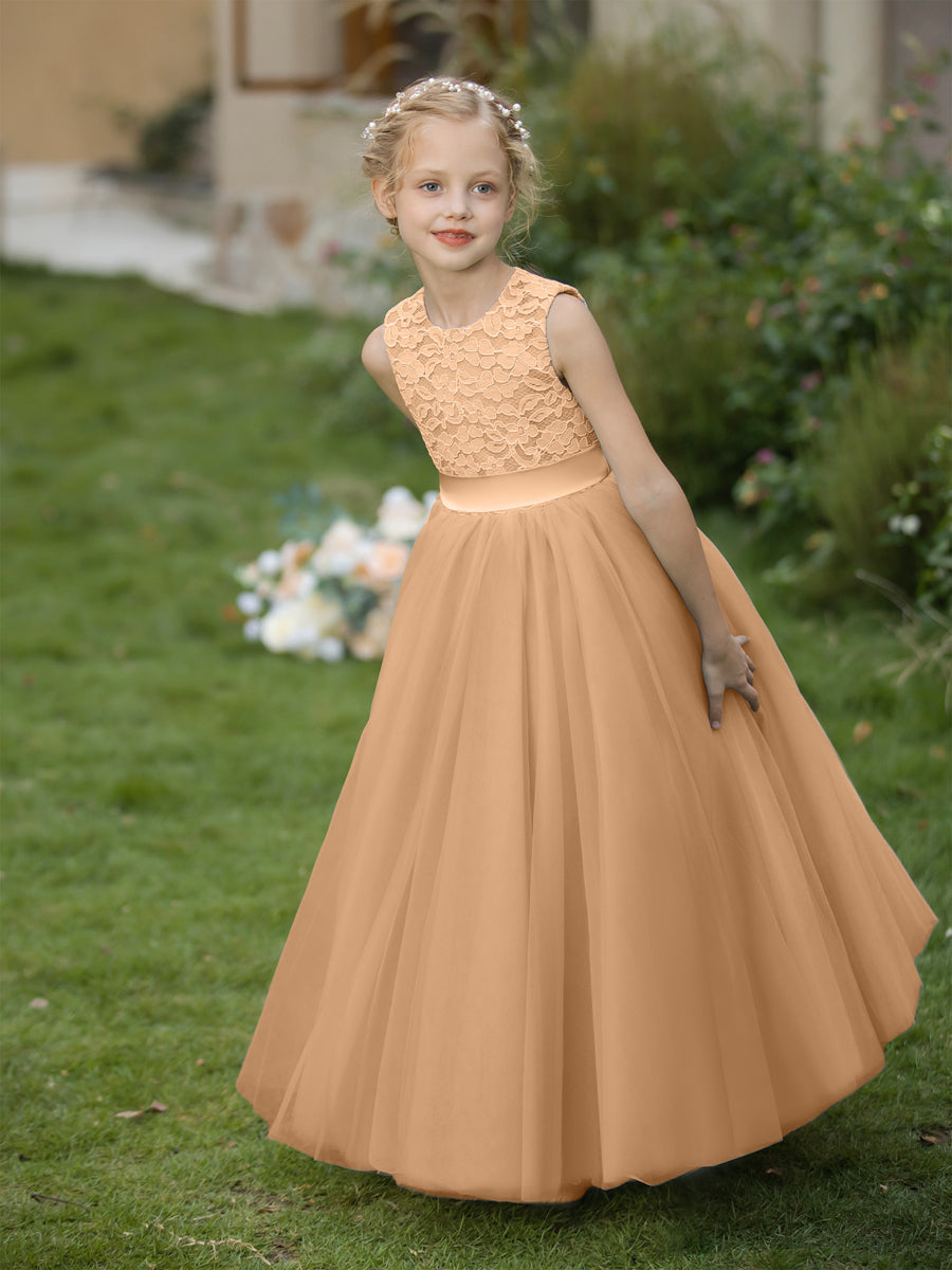 Vestidos de Flor de Tule com Gola Redonda e Apliques e Faixa