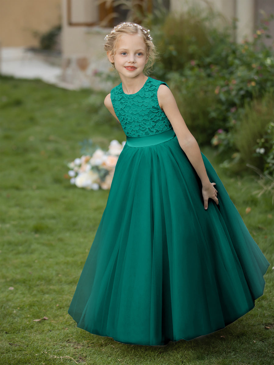 Vestidos de Flor de Tule com Gola Redonda e Apliques e Faixa