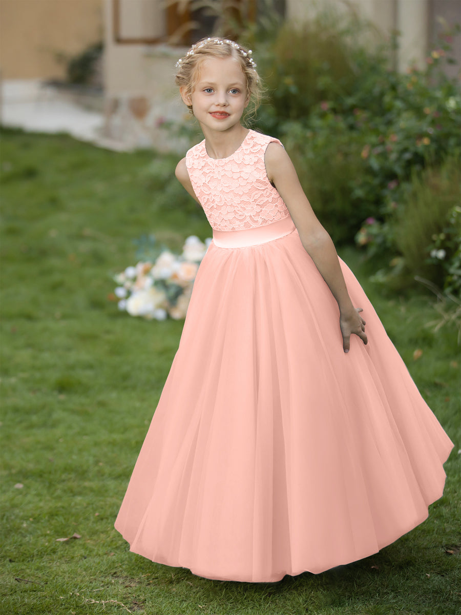Vestidos de Flor de Tule com Gola Redonda e Apliques e Faixa