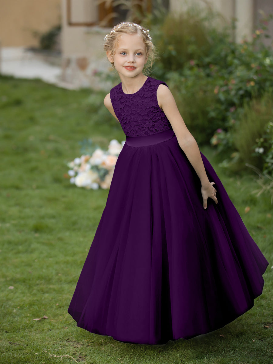 Vestidos de Flor de Tule com Gola Redonda e Apliques e Faixa