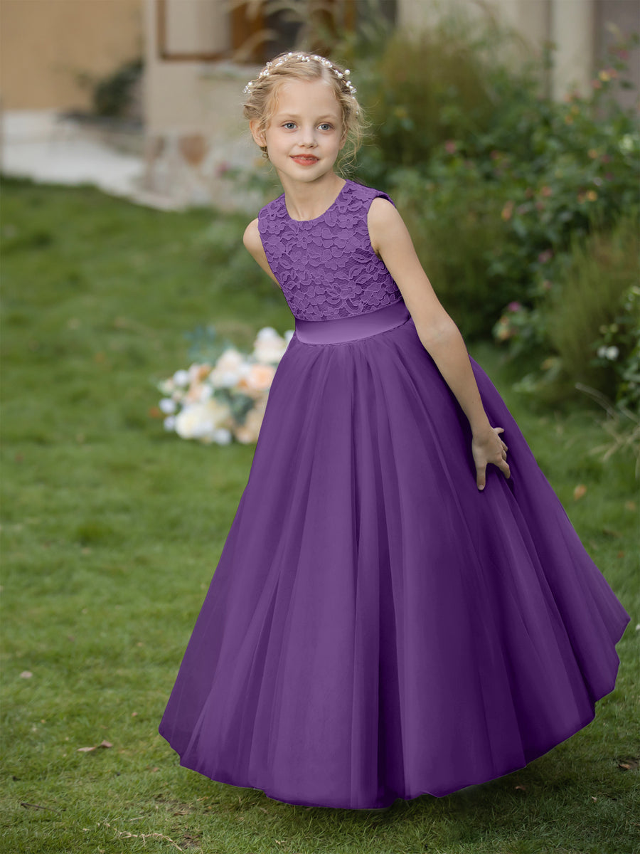 Vestidos de Flor de Tule com Gola Redonda e Apliques e Faixa