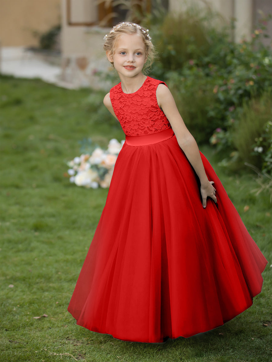 Vestidos de Flor de Tule com Gola Redonda e Apliques e Faixa