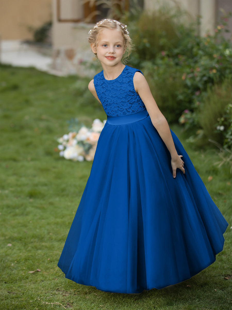 Vestidos de Flor de Tule com Gola Redonda e Apliques e Faixa