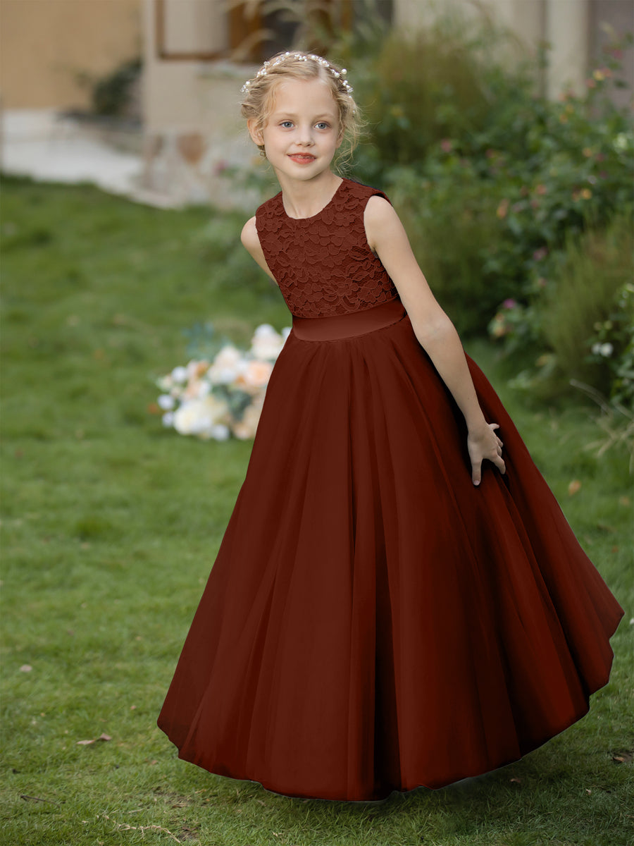 Vestidos de Flor de Tule com Gola Redonda e Apliques e Faixa