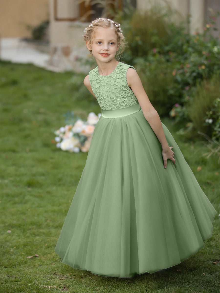 Vestidos de Flor de Tule com Gola Redonda e Apliques e Faixa