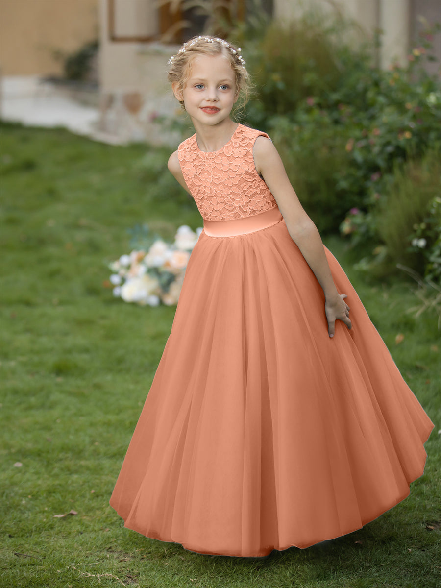 Vestidos de Flor de Tule com Gola Redonda e Apliques e Faixa