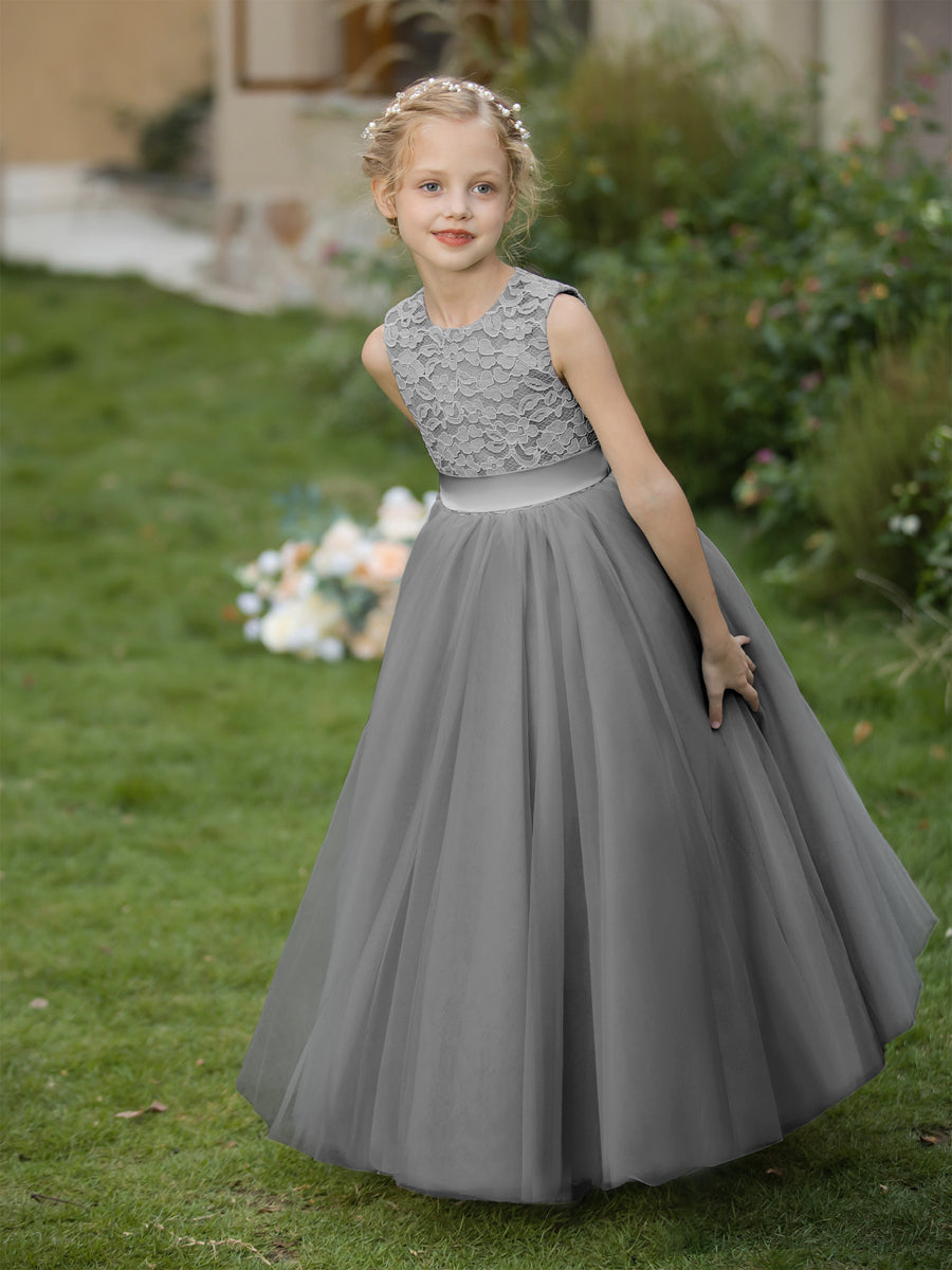 Vestidos de Flor de Tule com Gola Redonda e Apliques e Faixa
