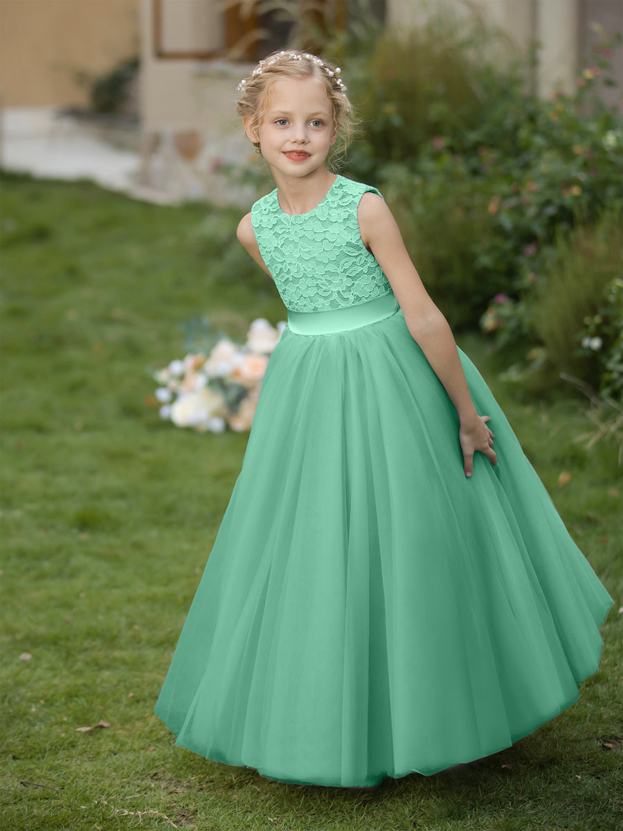 Vestidos de Flor de Tule com Gola Redonda e Apliques e Faixa