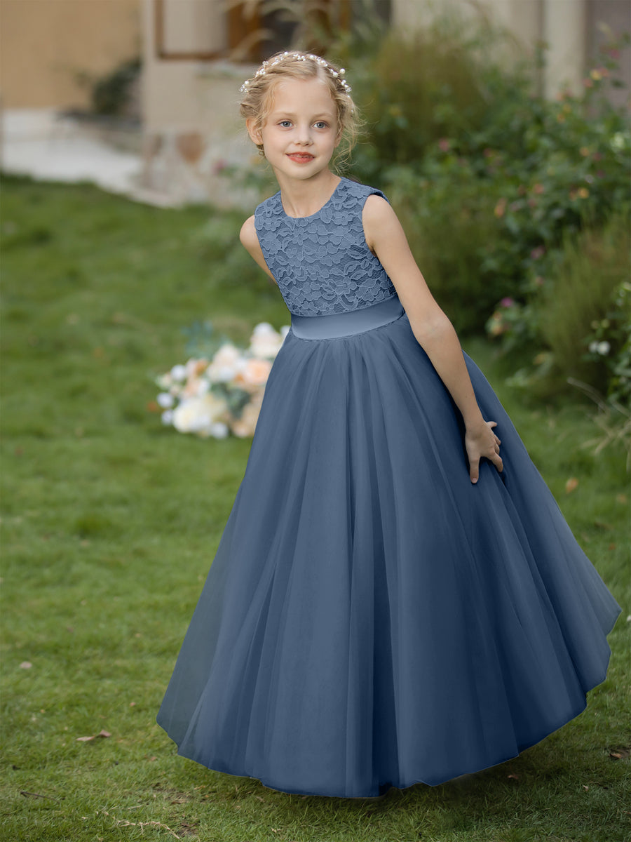Vestidos de Flor de Tule com Gola Redonda e Apliques e Faixa