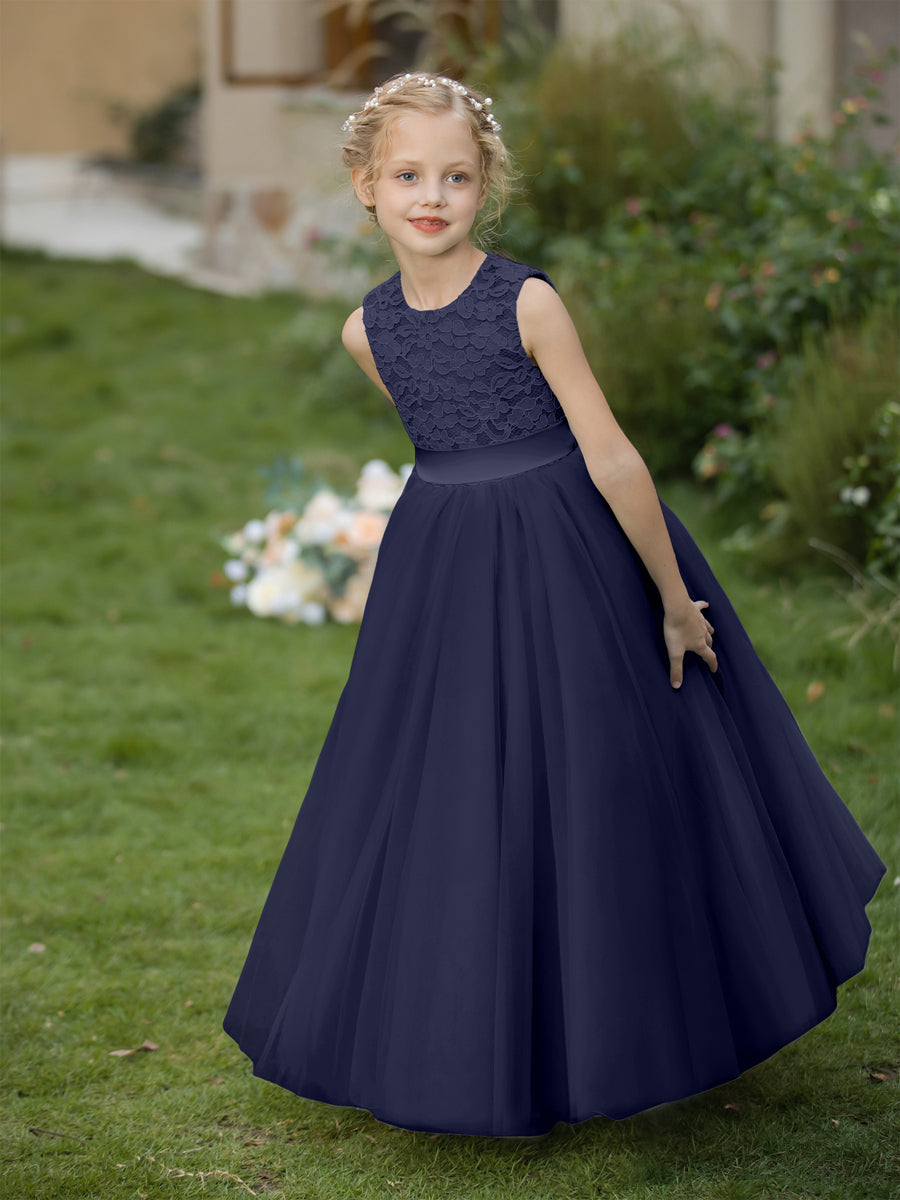 Vestidos de Flor de Tule com Gola Redonda e Apliques e Faixa