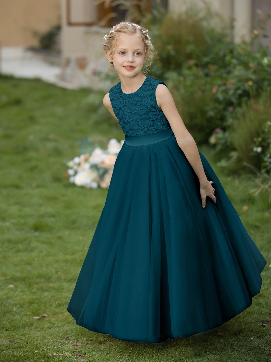 Vestidos de Flor de Tule com Gola Redonda e Apliques e Faixa