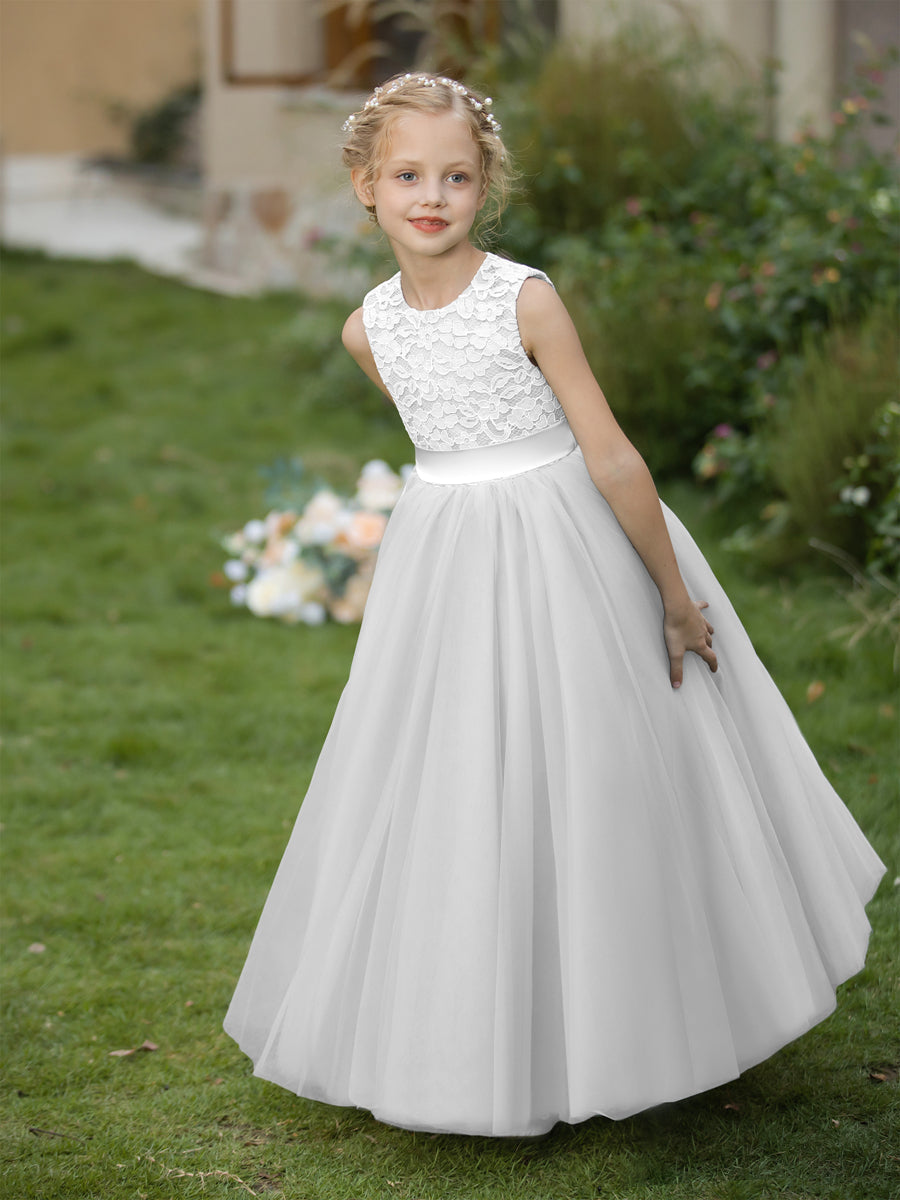 Vestidos de Flor de Tule com Gola Redonda e Apliques e Faixa