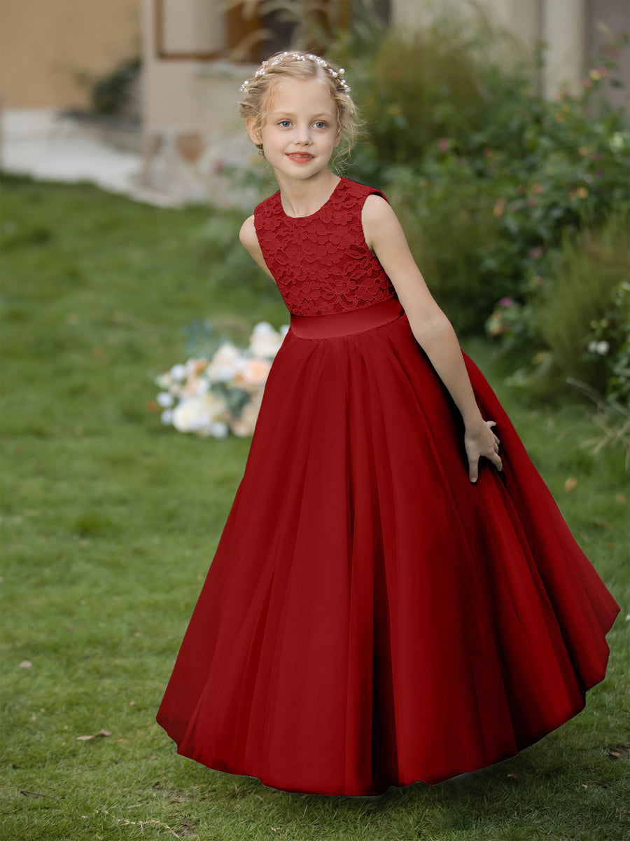 Vestidos de Flor de Tule com Gola Redonda e Apliques e Faixa