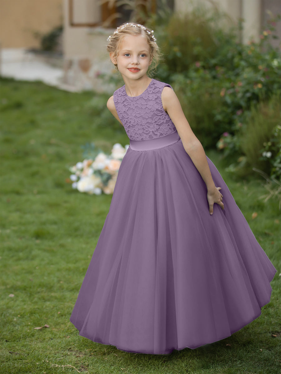 Vestidos de Flor de Tule com Gola Redonda e Apliques e Faixa