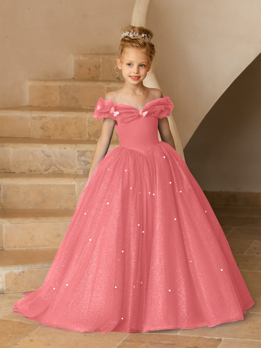Vestidos Floridos de Tule com Ombros Largos e Pérolas e Borboletas