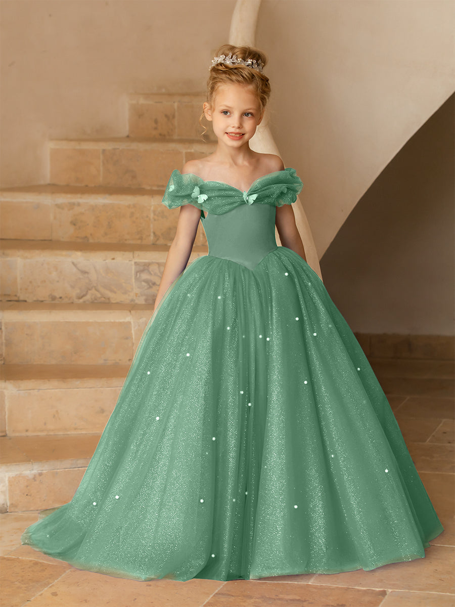 Vestidos Floridos de Tule com Ombros Largos e Pérolas e Borboletas