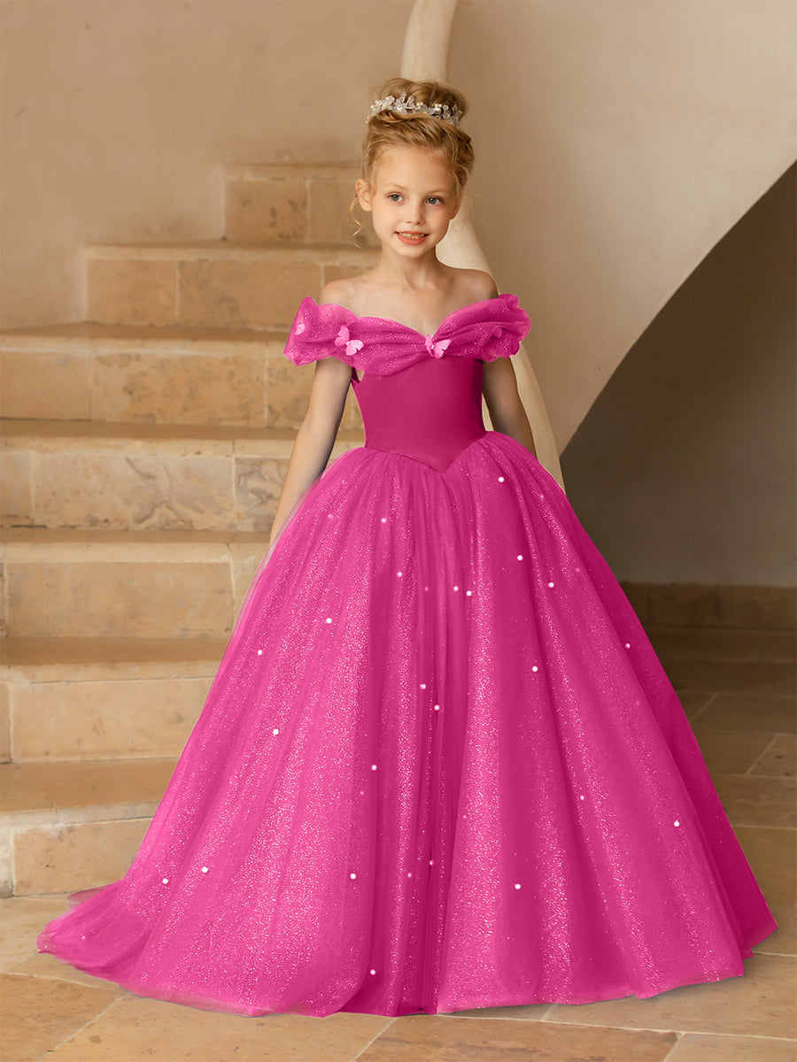 Vestidos Floridos de Tule com Ombros Largos e Pérolas e Borboletas