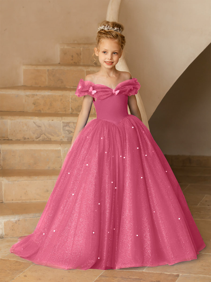 Vestidos Floridos de Tule com Ombros Largos e Pérolas e Borboletas