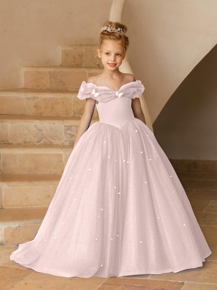Vestidos Floridos de Tule com Ombros Largos e Pérolas e Borboletas