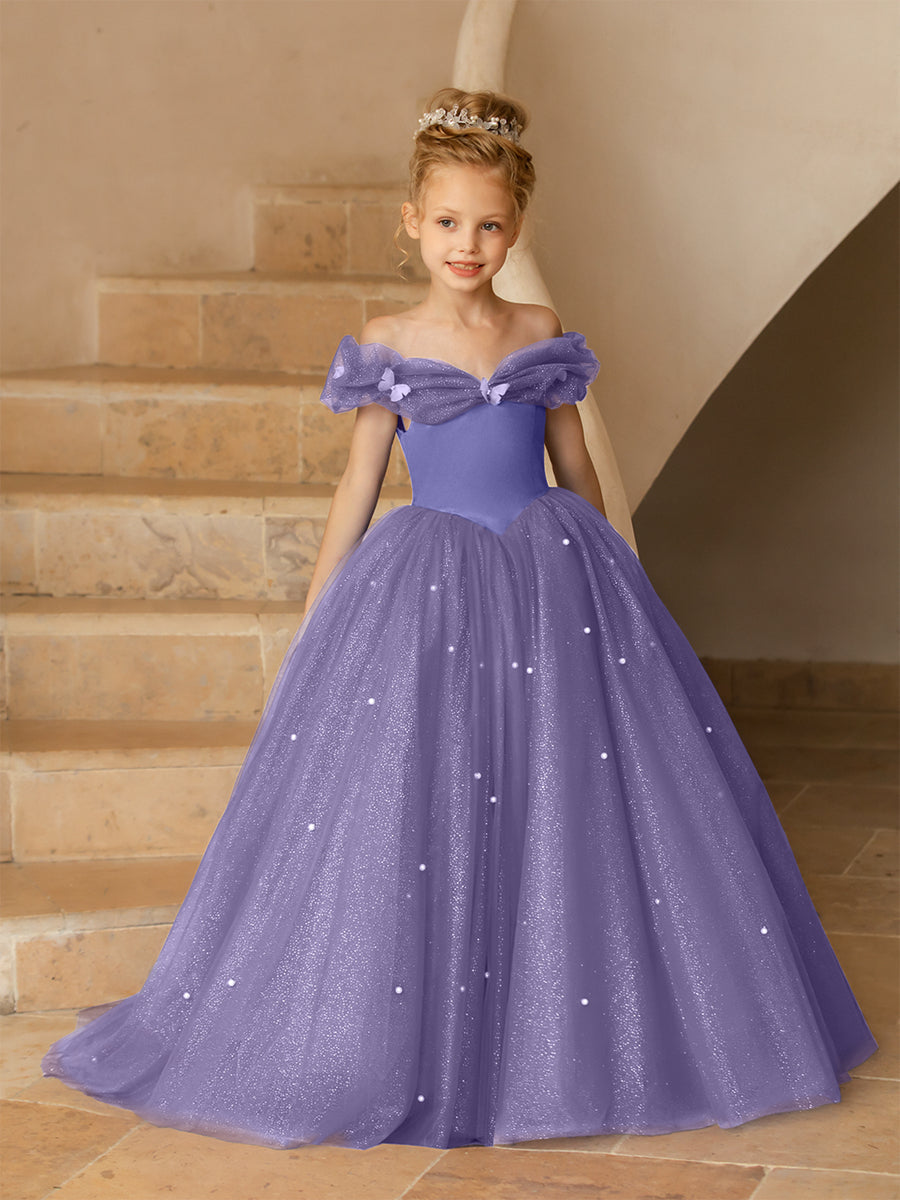 Vestidos Floridos de Tule com Ombros Largos e Pérolas e Borboletas