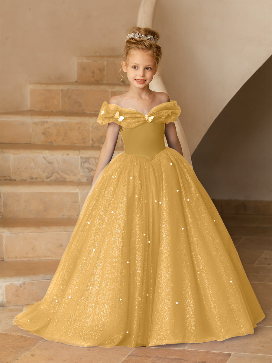 Vestidos Floridos de Tule com Ombros Largos e Pérolas e Borboletas