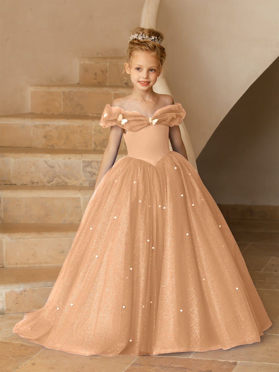 Vestidos Floridos de Tule com Ombros Largos e Pérolas e Borboletas