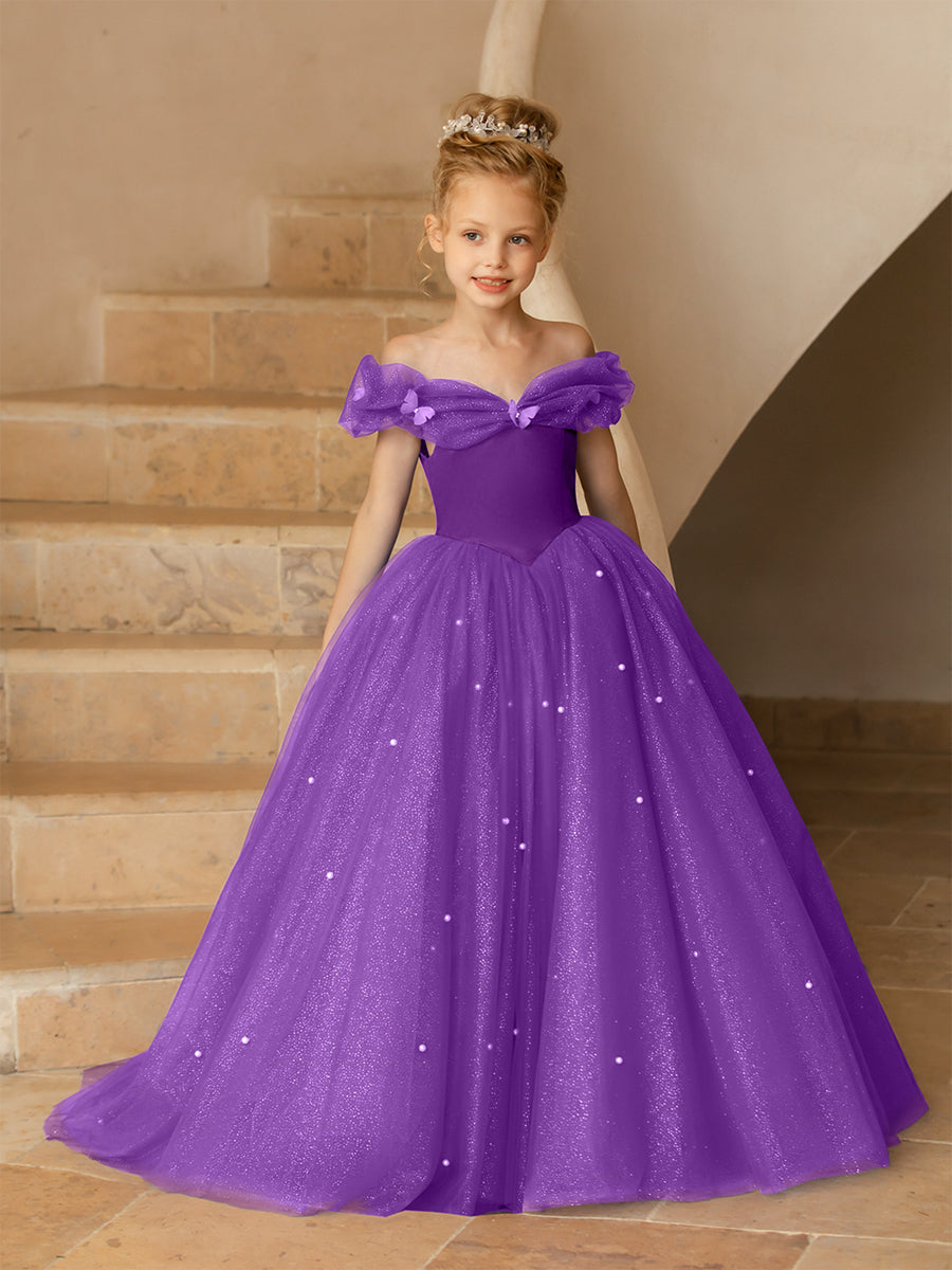 Vestidos Floridos de Tule com Ombros Largos e Pérolas e Borboletas