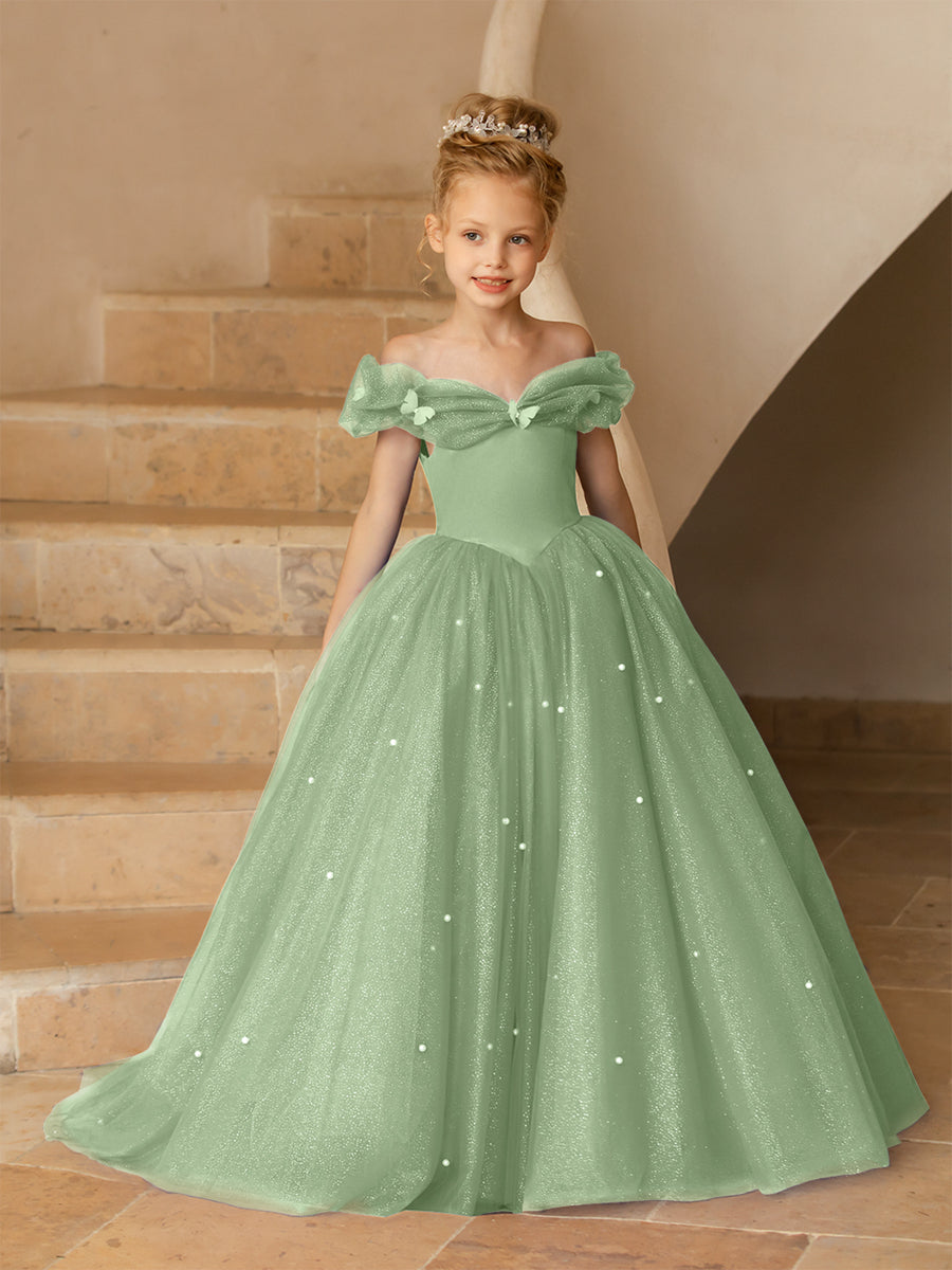 Vestidos Floridos de Tule com Ombros Largos e Pérolas e Borboletas