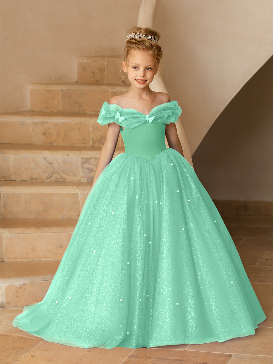 Vestidos Floridos de Tule com Ombros Largos e Pérolas e Borboletas