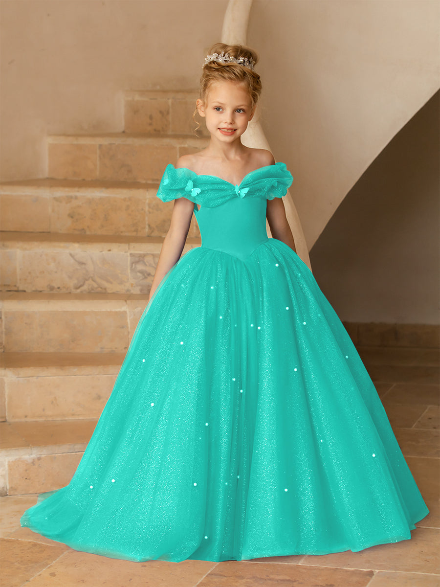 Vestidos Floridos de Tule com Ombros Largos e Pérolas e Borboletas