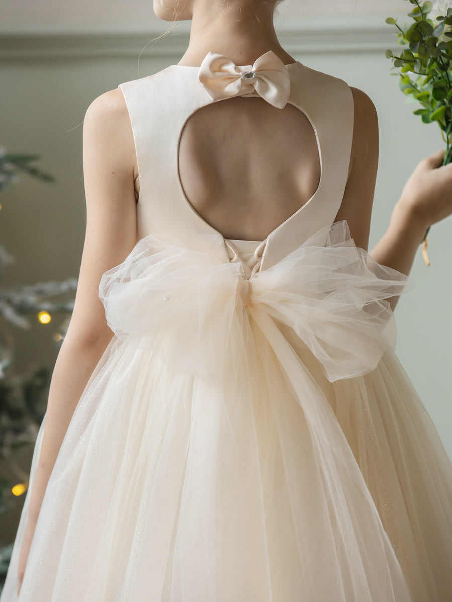 Vestidos Floridos de Tule com Gola Redonda e Strass e Laço