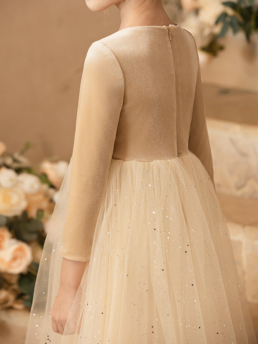 Vestidos Florais de Tule com Gola Redonda e Mangas Compridas