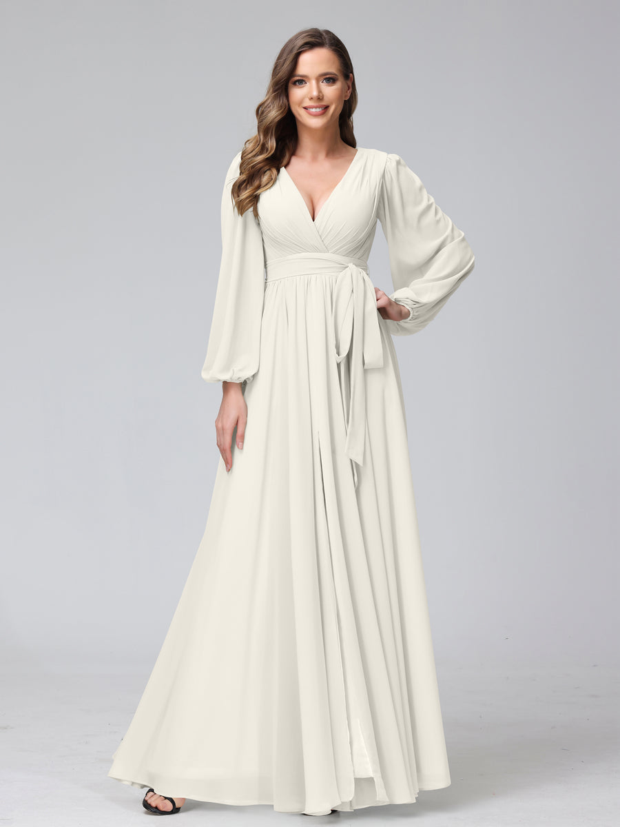 Vestidos Longos de Dama de Honra com Decote Em V e Mangas Compridas Em Chiffon com Babados Laterais Divididas