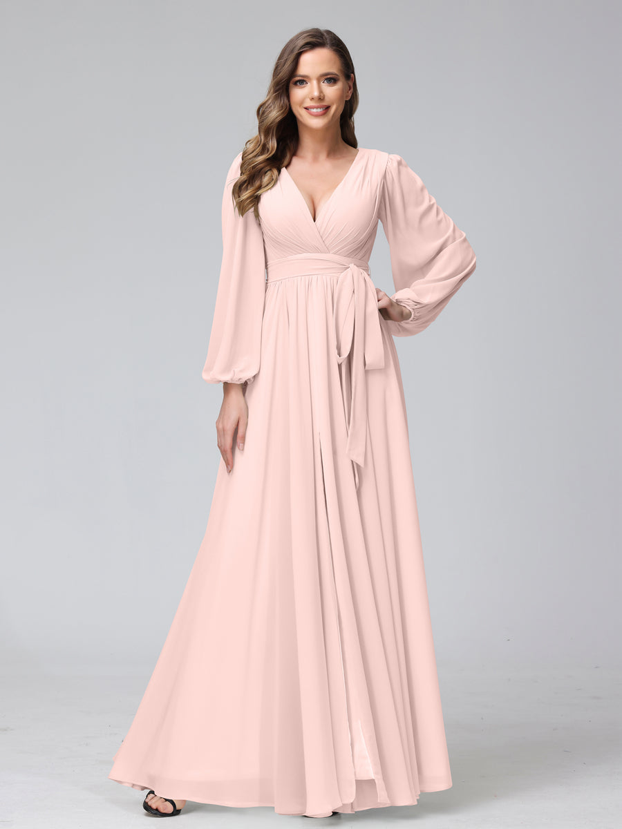 Vestidos Longos de Dama de Honra com Decote Em V e Mangas Compridas Em Chiffon com Babados Laterais Divididas