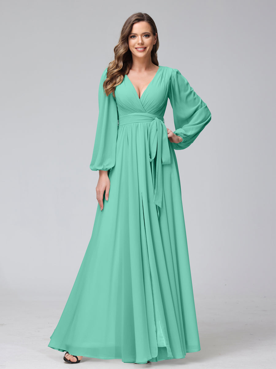Vestidos Longos de Dama de Honra com Decote Em V e Mangas Compridas Em Chiffon com Babados Laterais Divididas
