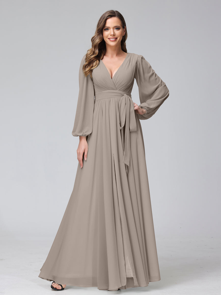 Vestidos Longos de Dama de Honra com Decote Em V e Mangas Compridas Em Chiffon com Babados Laterais Divididas