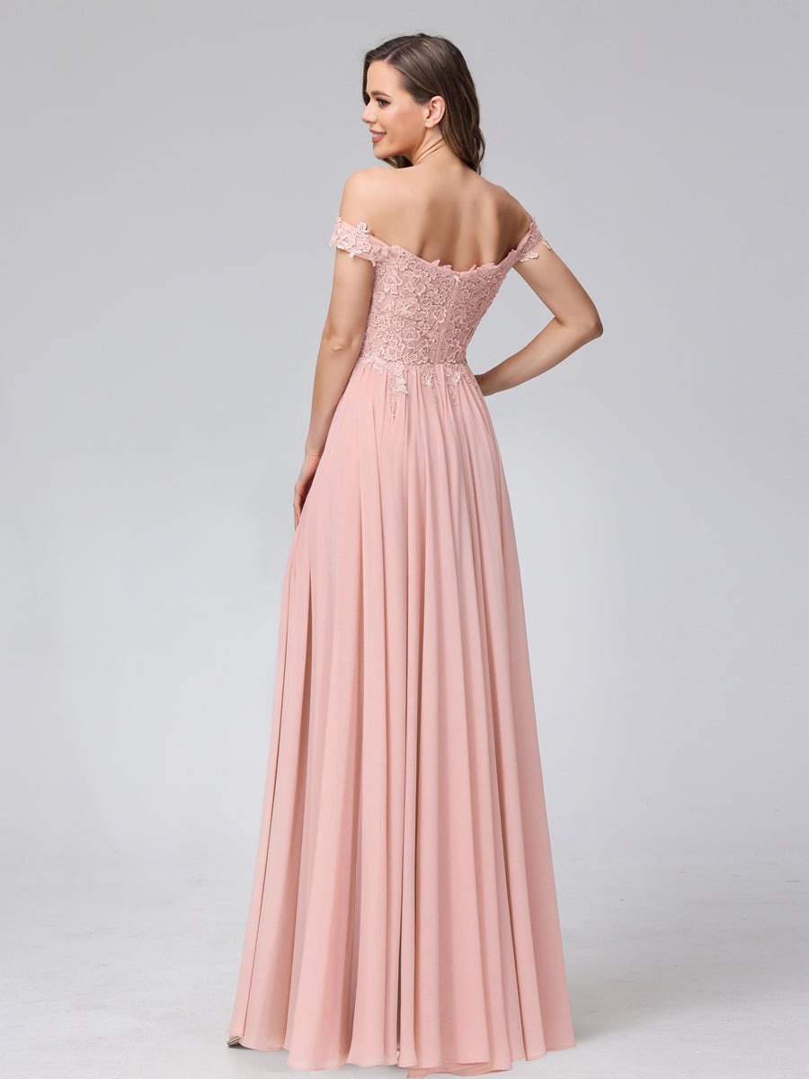 Vestidos Longos de Dama de Honra com Apliques de Chiffon Sem Mangas com Ombros de Fora e Fenda Lateral